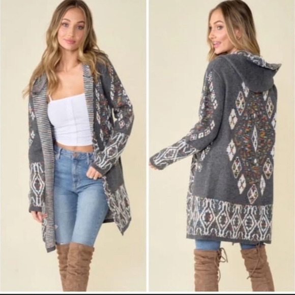 Cozy Gray Western Boho Hooded Knit Cardigan Sweater New - Picture 9 of 9